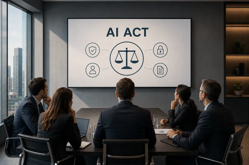 Een managementteam in een vergaderzaal kijkt naar een scherm over de AI Act