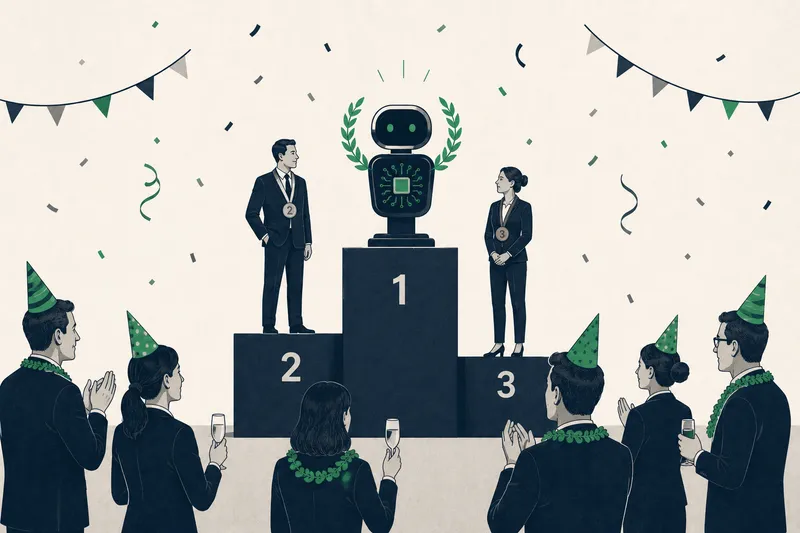 Een feestelijke prijsuitreiking waarbij een AI-robot met lauwerkrans op de eerste plaats van het podium staat, met twee medewerkers op plaats twee en drie en een applaudisserend publiek