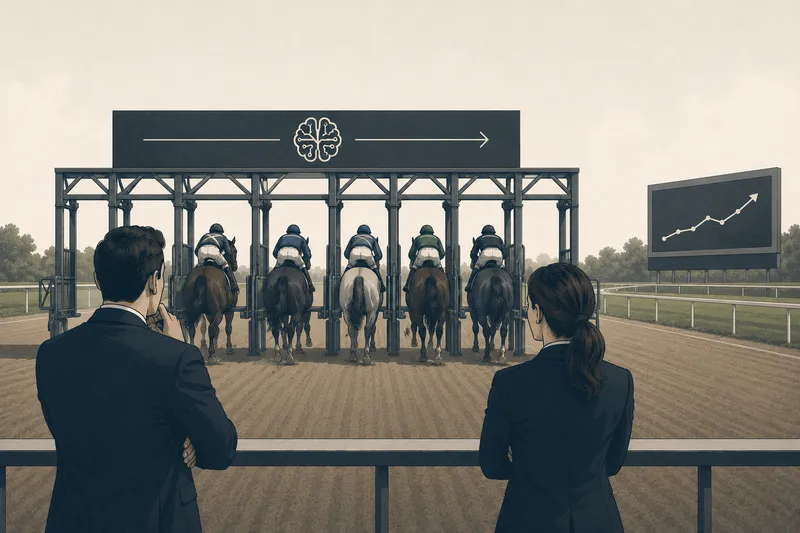 Mensen kijken naar paarden die klaarstaan in een startblok