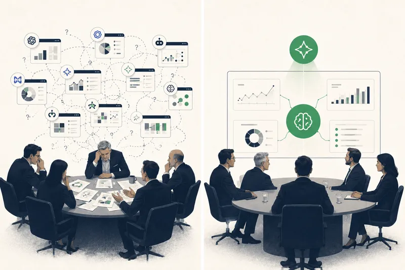Tweeluik: links een directie omringd door versplinterde AI-tools, rechts dezelfde directie in overleg met één centrale AI-assistent — de verschuiving van fragmentatie naar samenhang.